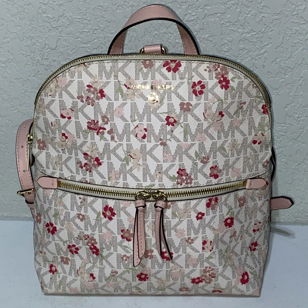 Michael Kors MK Floral Monogram Backpack Bag Purse Pink Leather Trim Gold Accent